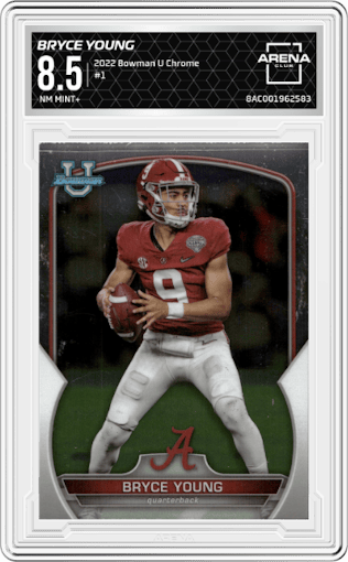 Bryce Young from the 2022 Bowman University Chrome set graded by Arena Club and given an overall grade of 8.5.