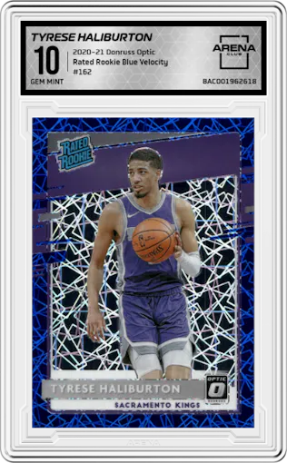 Tyrese Haliburton from the 2020-21 Panini Donruss Optic set featuring a Blue Velocity  parallel graded by Arena Club and given an overall grade of 10.