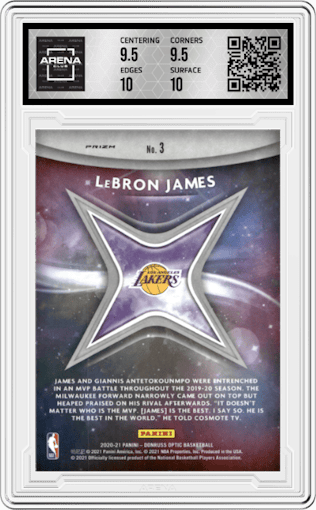 LeBron James from the 2020-21 Panini Donruss Optic set featuring a Holo parallel graded by Arena Club and given an overall grade of 10.