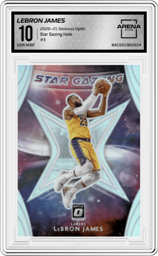 LeBron James from the 2020-21 Panini Donruss Optic set featuring a Holo parallel graded by Arena Club and given an overall grade of 10.