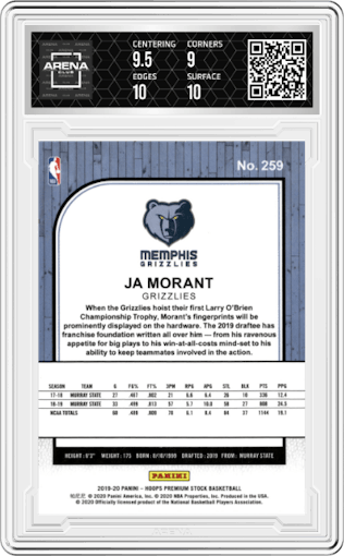 Ja Morant from the 2019-20 Panini Hoops Premium Stock set graded by Arena Club and given an overall grade of 9.5.