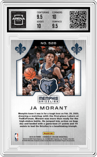 Ja Morant from the 2019-20 Panini Chronicles  set graded by Arena Club and given an overall grade of 10.