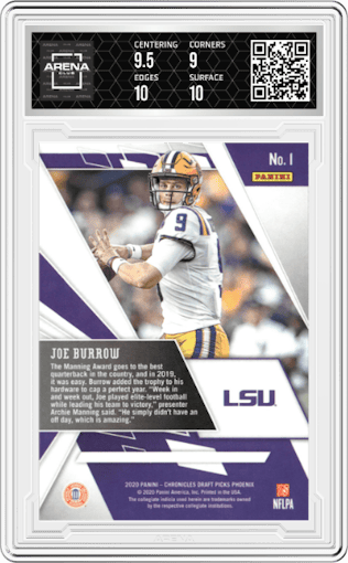 Joe Burrow from the 2020 Panini Chronicles Draft Picks  set featuring a Red parallel graded by Arena Club and given an overall grade of 9.5.