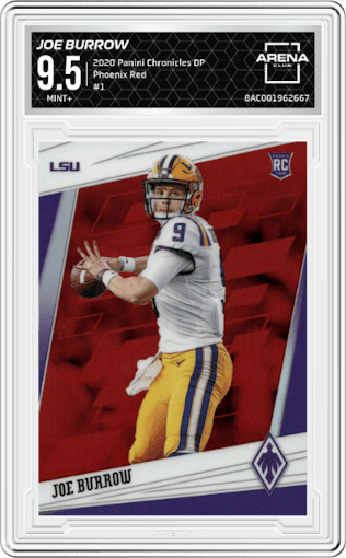 Joe Burrow from the 2020 Panini Chronicles Draft Picks  set featuring a Red parallel graded by Arena Club and given an overall grade of 9.5.