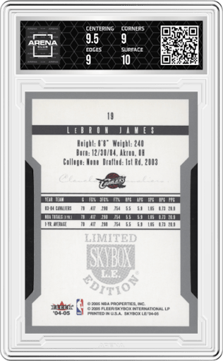 LeBron James from the 2004-05 SkyBox LE set graded by Arena Club and given an overall grade of 9.5.