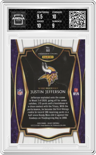 Justin Jefferson from the 2020 Panini Select set graded by Arena Club and given an overall grade of 9.5.