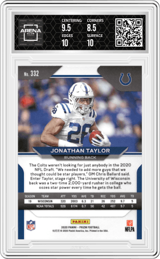 Jonathan Taylor from the 2020 Panini Prizm set graded by Arena Club and given an overall grade of 9.