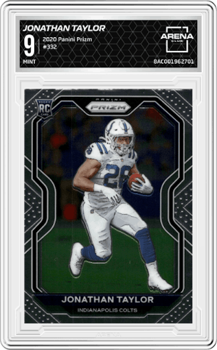 Jonathan Taylor from the 2020 Panini Prizm set graded by Arena Club and given an overall grade of 9.