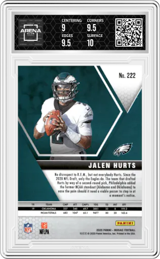 Jalen Hurts from the 2020 Panini Mosaic set graded by Arena Club and given an overall grade of 9.5.