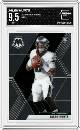 Jalen Hurts from the 2020 Panini Mosaic set graded by Arena Club and given an overall grade of 9.5.