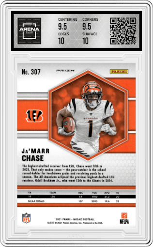 Ja'Marr Chase from the 2021 Panini Mosaic set featuring a Silver parallel graded by Arena Club and given an overall grade of 10.