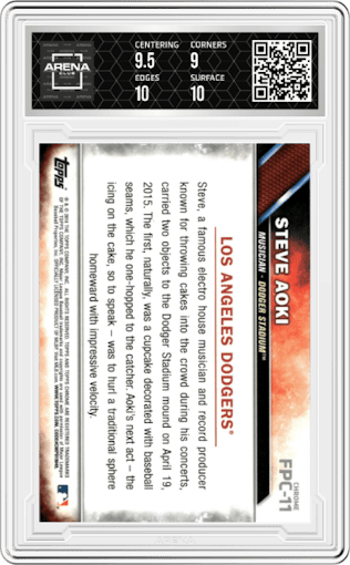 Steve Aoki from the 2016 Topps Chrome set graded by Arena Club and given an overall grade of 9.5.