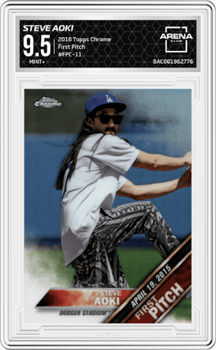 Steve Aoki from the 2016 Topps Chrome set graded by Arena Club and given an overall grade of 9.5.