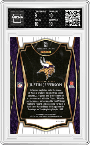 Justin Jefferson from the 2020 Panini Select set featuring a Silver Prizm parallel graded by Arena Club and given an overall grade of 9.5.