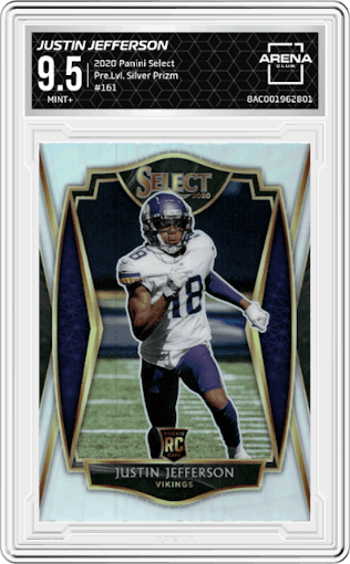 Justin Jefferson from the 2020 Panini Select set featuring a Silver Prizm parallel graded by Arena Club and given an overall grade of 9.5.