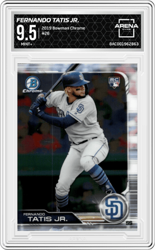 Fernando Tatis Jr. from the 2019 Bowman Chrome set graded by Arena Club and given an overall grade of 9.5.
