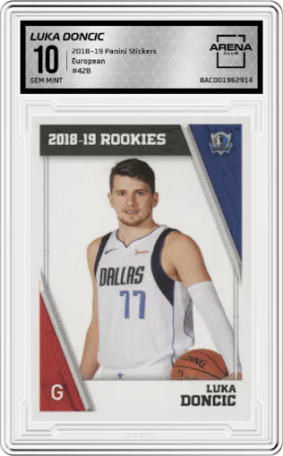Luka Doncic from the 2018-19 Panini Stickers set graded by Arena Club and given an overall grade of 10.
