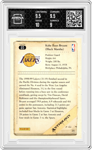 Kobe Bryant  from the 2012-13 Panini Kobe Anthology  set graded by Arena Club and given an overall grade of 9.5.