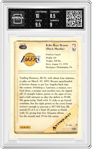 Kobe Bryant from the 2012-13 Panini Kobe Anthology  set graded by Arena Club and given an overall grade of 9.