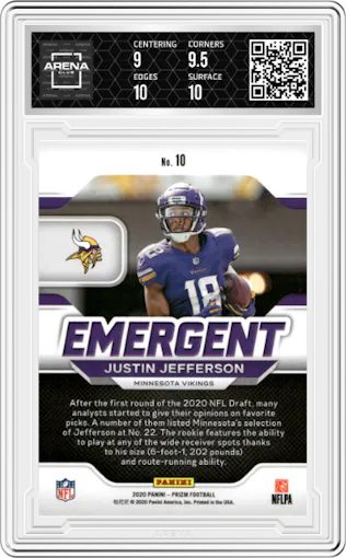 Justin Jefferson from the 2020 Panini Prizm set graded by Arena Club and given an overall grade of 9.5.