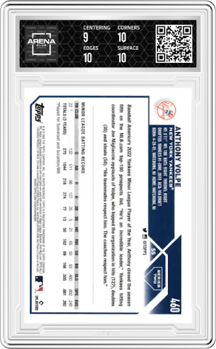 Anthony Volpe from the 2023 Topps Series 2 set graded by Arena Club and given an overall grade of 9.5.