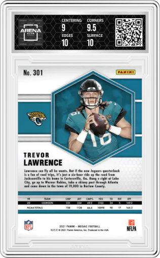 Trevor Lawrence from the 2021 Panini Mosaic set graded by Arena Club and given an overall grade of 9.5.