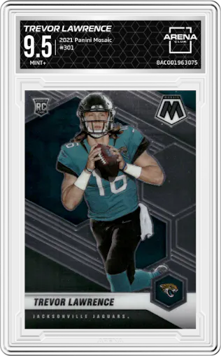 Trevor Lawrence from the 2021 Panini Mosaic set graded by Arena Club and given an overall grade of 9.5.
