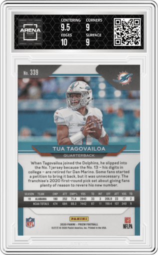 Tua Tagovailoa from the 2020 Panini Prizm set graded by Arena Club and given an overall grade of 9.5.