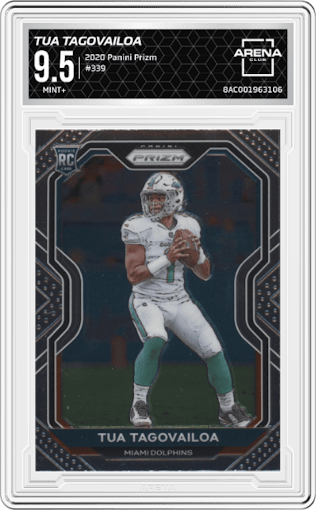 Tua Tagovailoa from the 2020 Panini Prizm set graded by Arena Club and given an overall grade of 9.5.