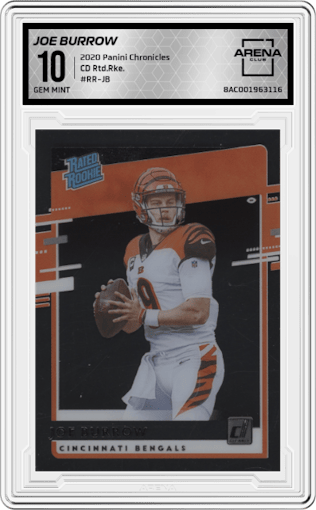 Joe Burrow from the 2020 Panini Chronicles set graded by Arena Club and given an overall grade of 10.