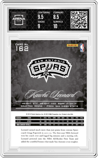Kawhi Leonard from the 2012-13 Panini Prestige  set graded by Arena Club and given an overall grade of 9.