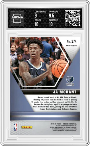 Ja Morant from the 2019-20 Panini Mosaic  set featuring a Reactive Blue parallel graded by Arena Club and given an overall grade of 9.5.