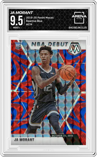 Ja Morant from the 2019-20 Panini Mosaic  set featuring a Reactive Blue parallel graded by Arena Club and given an overall grade of 9.5.