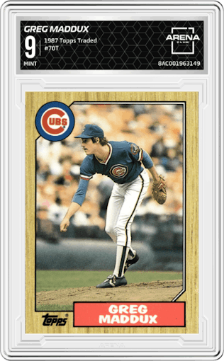 Greg Maddux from the 1987 Topps Traded set graded by Arena Club and given an overall grade of 9.