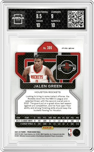 Jalen Green from the 2021-22 Panini Prizm  set featuring a Silver Prizm parallel graded by Arena Club and given an overall grade of 9.