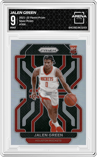 Jalen Green from the 2021-22 Panini Prizm  set featuring a Silver Prizm parallel graded by Arena Club and given an overall grade of 9.