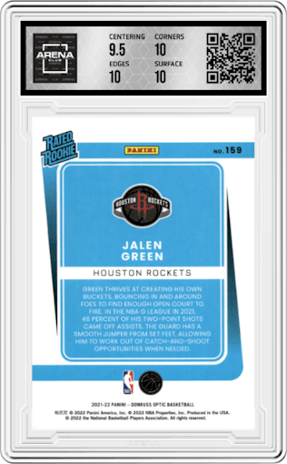 Jalen Green from the 2021-22 Panini Donruss Optic set graded by Arena Club and given an overall grade of 10.