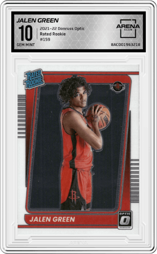 Jalen Green from the 2021-22 Panini Donruss Optic set graded by Arena Club and given an overall grade of 10.