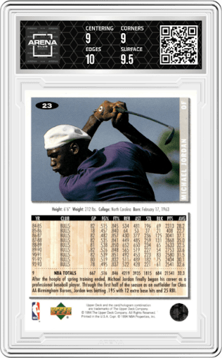  Michael Jordan from the 1994-95 Upper Deck Collector's Choice set graded by Arena Club and given an overall grade of 9.5.