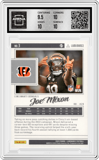 Joe Mixon from the 2023 Panini Luminance set featuring a Gold parallel graded by Arena Club and given an overall grade of 10.