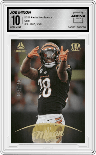 Joe Mixon from the 2023 Panini Luminance set featuring a Gold parallel graded by Arena Club and given an overall grade of 10.