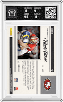Nick Bosa from the 2023 Panini Luminance set graded by Arena Club and given an overall grade of 9.5.