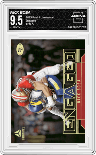Nick Bosa from the 2023 Panini Luminance set graded by Arena Club and given an overall grade of 9.5.