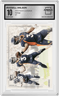 Russell Wilson from the 2023 Panini Luminance set graded by Arena Club and given an overall grade of 10.
