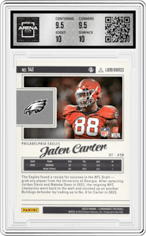 Jalen Carter from the 2023 Panini Luminance set graded by Arena Club and given an overall grade of 10.