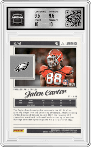 Jalen Carter from the 2023 Panini Luminance set graded by Arena Club and given an overall grade of 10.