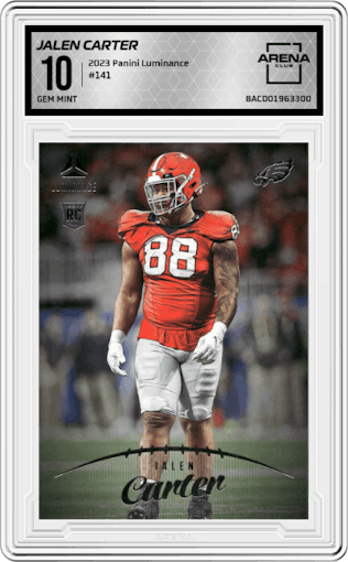 Jalen Carter from the 2023 Panini Luminance set graded by Arena Club and given an overall grade of 10.