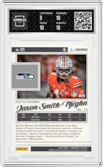 Jaxon Smith-Njigba from the 2023 Panini Luminance set featuring a Gold parallel graded by Arena Club and given an overall grade of 9.5.