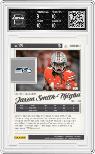 Jaxon Smith-Njigba from the 2023 Panini Luminance set featuring a Gold parallel graded by Arena Club and given an overall grade of 9.5.