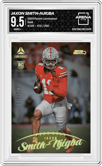Jaxon Smith-Njigba from the 2023 Panini Luminance set featuring a Gold parallel graded by Arena Club and given an overall grade of 9.5.